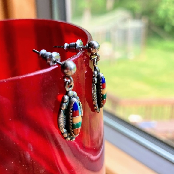 Vintage WM Wheeler Native American Navojo Sterling Silver Inlay Earring - Picture 8 of 13